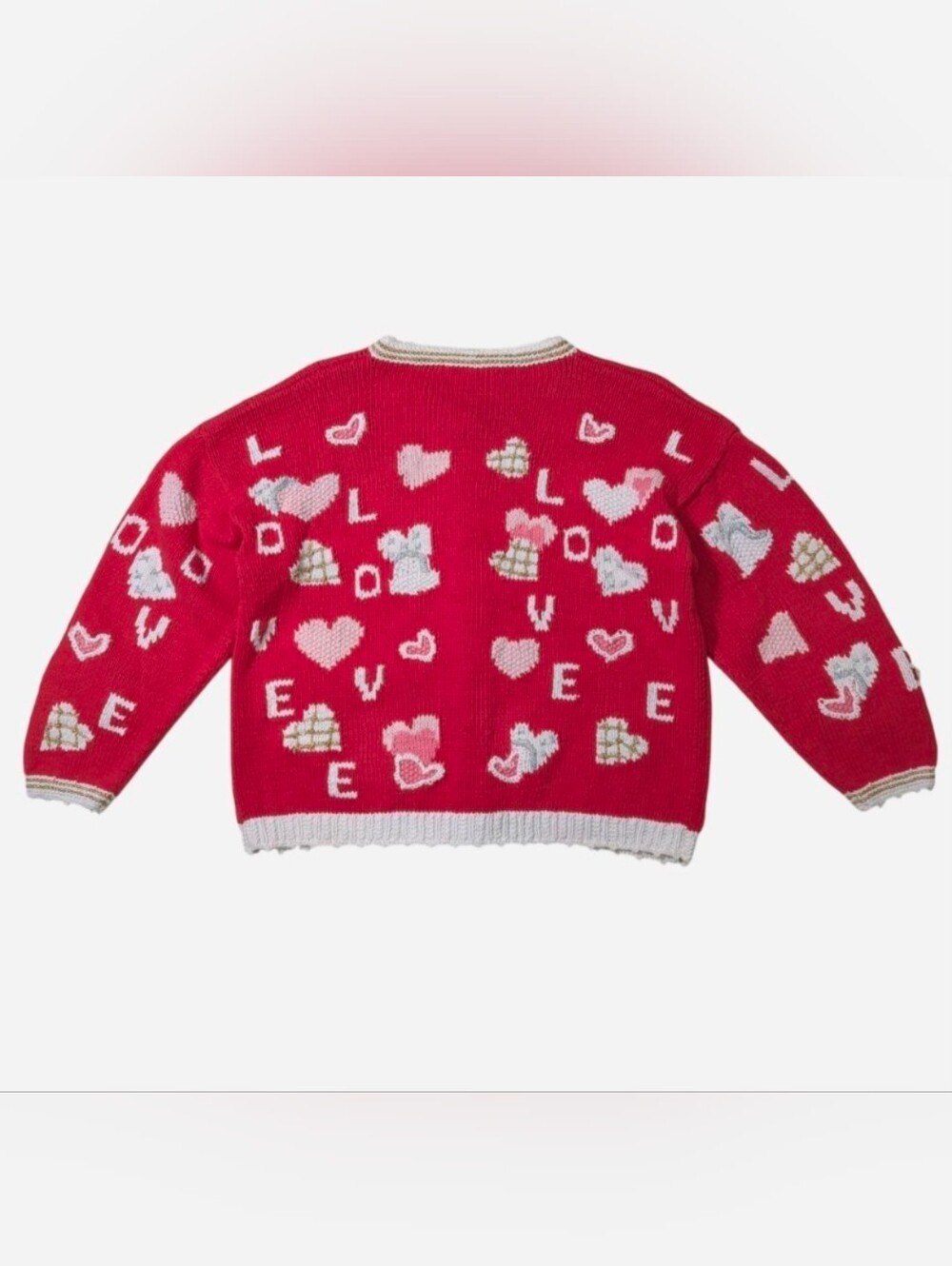 Vintage handknit heart knit cardigan with red, white, gold and silver. Size L - Picture 2 of 4